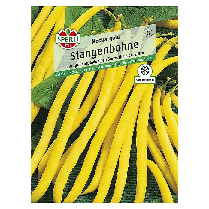 Sperli Gemüsesamen Stangenbohne - Neckargold, Erntezeit: Juli - Samenpackung für Neckargold Stangenbohnen. Die Bohnen sind ertragreich, fadenlos und können bis zu 2-3 m hoch werden, ideal zum Einfrieren.