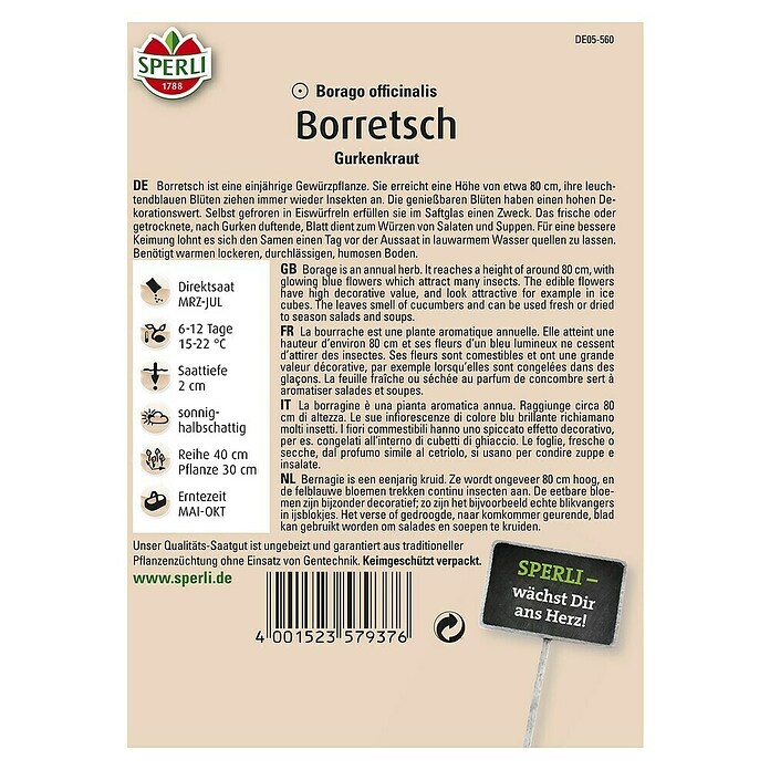 Sperli Gemüsesamen Boretsch (Borago officinalis, Erntezeit: Mai) | BAUHAUS