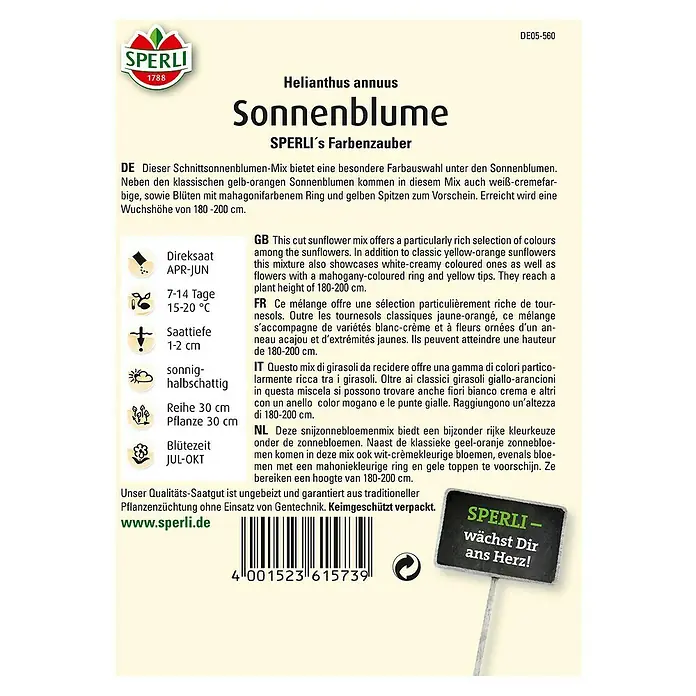 Sperli Blumensamen Sonnenblume - Farbenzauber, Helianthus annuus - Sonnenblumenmischung für einen farbenfrohen Garten. Enthält klassische gelb-orangene und cremefarbene Blüten mit mahagonifarbenen Ringen.
