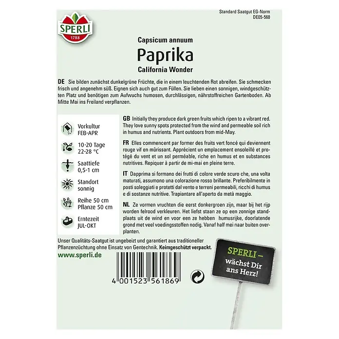 Sperli Gemüsesamen Paprika - California Wonder, Capsicum annuum, Erntezeit: Juli - Abbildung von Saatgutpackung "Paprika California Wonder" von Sperli, ideal für den Anbau von leckeren Paprika im eigenen Garten.