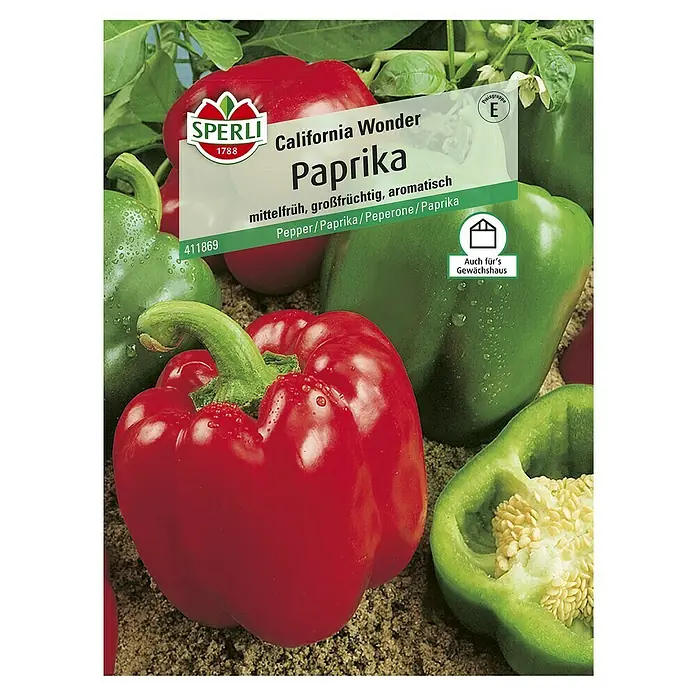Sperli Gemüsesamen Paprika - California Wonder, Capsicum annuum, Erntezeit: Juli - Samenpackung "California Wonder Paprika" von Sperli mit roten und grünen Paprikaschoten.