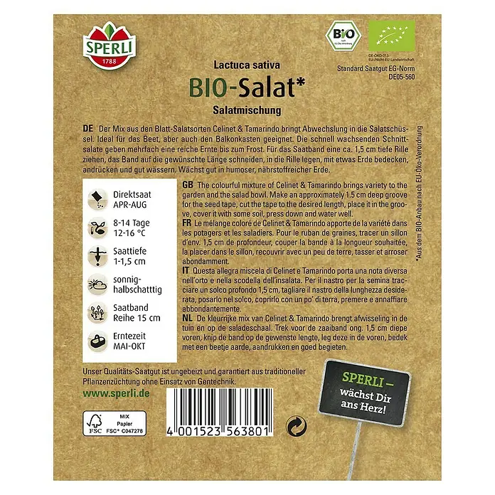 Sperli Salatsamen Bio Salat 'Babyleaf' Saatband - Lactuca sativa, Erntezeit: Mai - Samenpackung für Bio-Salat.
