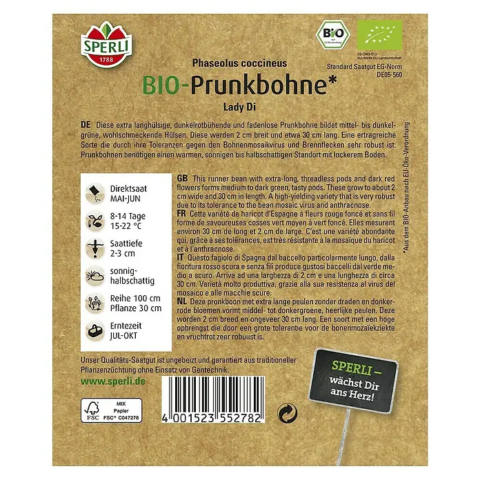 Sperli Gemüsesamen Prunkbohne - Lady Di Bio, Phaseolus coccineus, Erntezeit: Juli - Samenpackung für Bio-Prunkbohnen der Sorte Lady Di von Sperli.