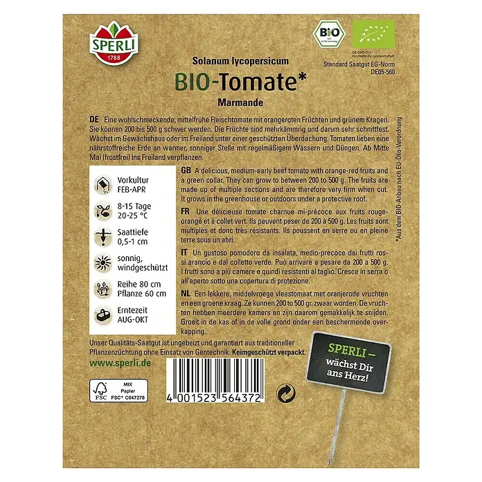 Sperli Gemüsesamen Tomate - Marmande Bio, Solanum lycopersicum, Erntezeit: August - Samentüte Bio-Tomate 'Marmande' von Sperli, eine mittelfrühe Fleischtomate mit orangeroten Früchten und grünem Kragen.