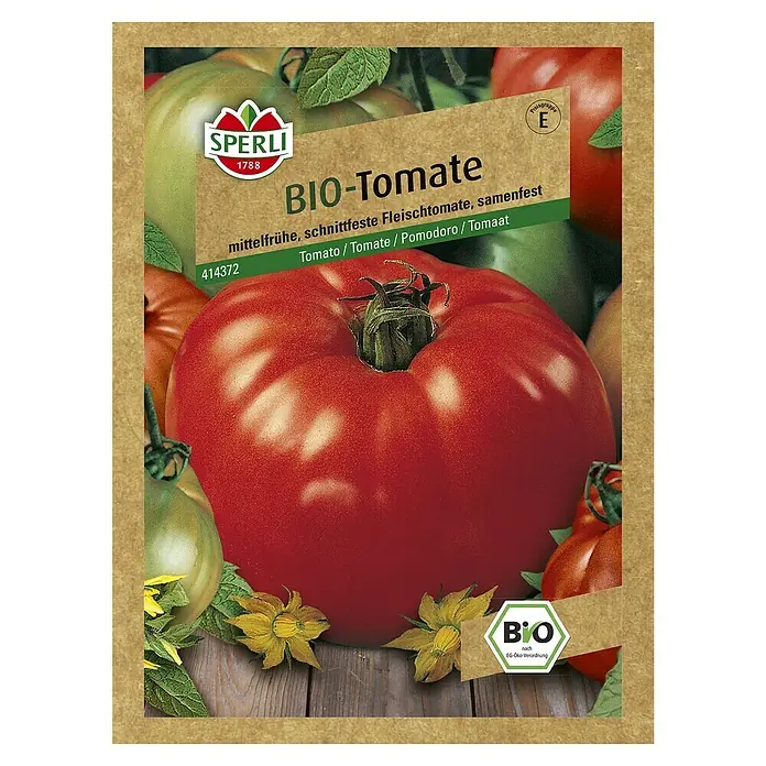 Sperli Gemüsesamen Tomate - Marmande Bio, Solanum lycopersicum, Erntezeit: August - Samenpackung Bio-Tomate, mittelfrühe, schnittfeste Fleischtomate, samenfest, ideal für den Anbau von aromatischen Tomaten im eigenen Garten.