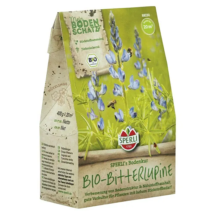 Gründüngung BIO-Bitterlupine - Lupinus angustifolius, 20 m² - Sperli's Bio-Bitterlupine Bodenkur: Verbesserung der Bodenstruktur und Nährstoffhaushalt für Pflanzen mit hohem Stickstoffbedarf.