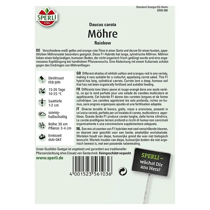 Sperli Gemüsesamen Möhre - Rainbow, Daucus carota, Erntezeit: Mai - SPERLI Möhre Rainbow-Saatgutpackung. Verschiedene Farbtöne für einen bunten Möhrensalat.