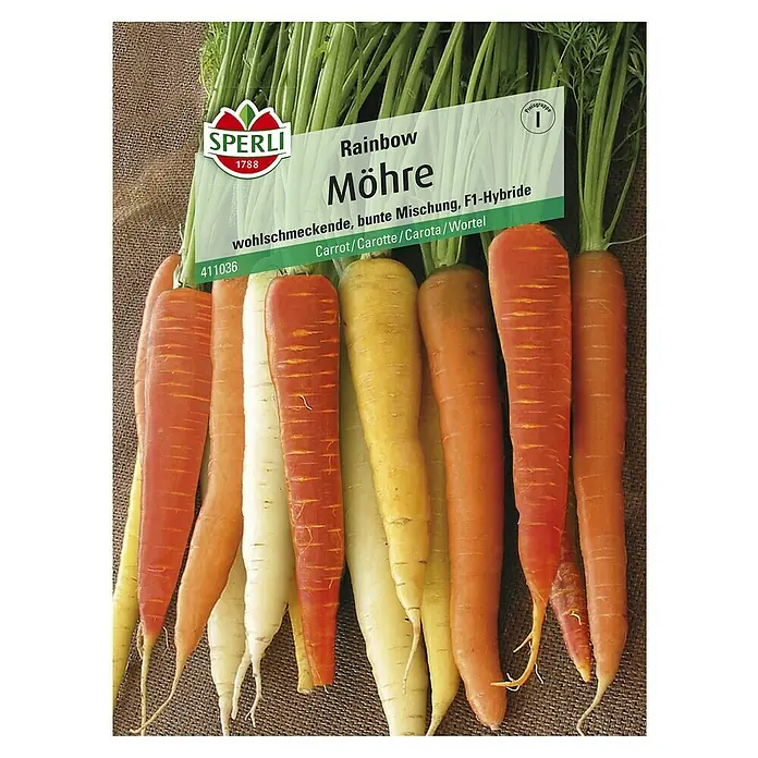 Sperli Gemüsesamen Möhre - Rainbow, Daucus carota, Erntezeit: Mai - Produktbild der "Rainbow Möhre"-Samensorte von Sperli, die eine bunte Mischung wohlschmeckender Karotten verspricht.