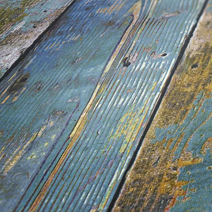 A.S. Création Vliestapete HolzbrettBunt, Holzoptik, 10,05 x 0,53 m - Nahaufnahme von rustikalen, blau gestrichenen Holzdielen, die eine charmante Vintage-Textur zeigen. Ideal für DIY-Projekte.