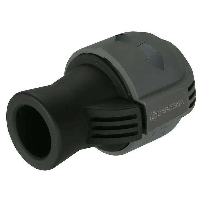 Gardena Sprinklersystem Verbinder - Durchmesser: 25 mm, Größe Anschluss: ¾″ (Innengewinde) - Nahaufnahme eines Gardena-Gartenschlauchanschlussstücks aus grauem und schwarzem Kunststoff.