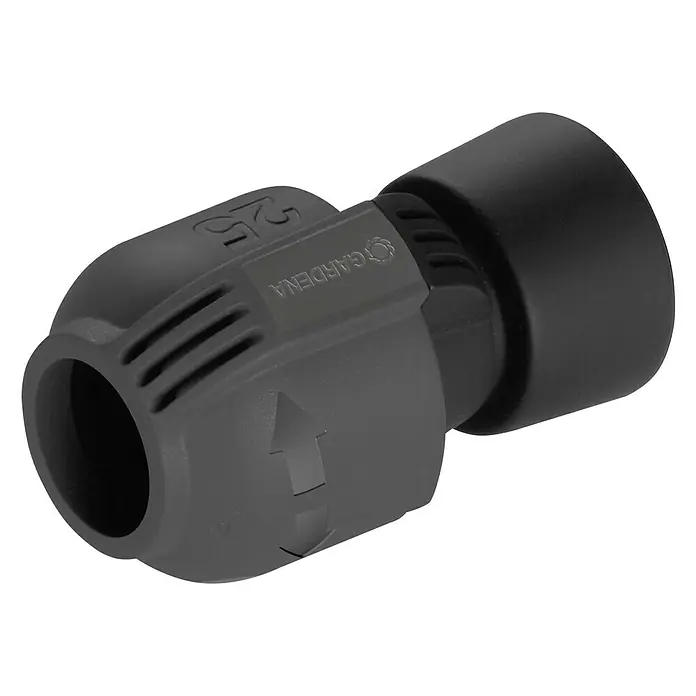 Gardena Sprinklersystem Verbinder - Durchmesser: 25 mm, Größe Anschluss: 1″ Innengewinde - Gardena Schlauchverbinder: Der graue Schlauchverbinder mit der Aufschrift "Gardena" und einem Pfeil zur einfachen Installation.