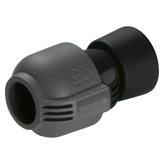 Gardena Sprinklersystem Verbinder - Durchmesser: 25 mm, Größe Anschluss: 1″ Innengewinde - Nahaufnahme eines grauen GARDENA-Schlauchstücks mit der Nummer 25 vor schwarzem Hintergrund.