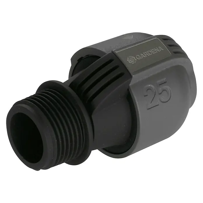Gardena Sprinklersystem Verbinder - Durchmesser: 25 mm, Größe Anschluss: 1″ (Außengewinde) - Eine Nahaufnahme eines Gardena Schlauchverbinders 25 mm, ideal für die Bewässerung im Garten. Er ist robust, zuverlässig und einfach zu installieren.