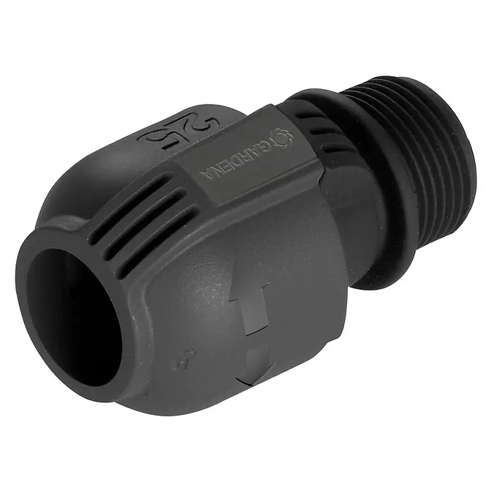 Gardena Sprinklersystem Verbinder - Durchmesser: 25 mm, Größe Anschluss: 1″ (Außengewinde) - Nahaufnahme des Gardena Schlauchstücks 25, einer robusten und zuverlässigen Verbindung für Gartenschläuche, ideal für eine effiziente Bewässerung.