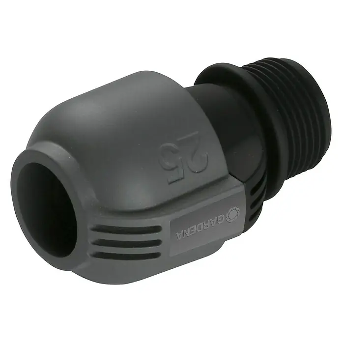 Gardena Sprinklersystem Verbinder - Durchmesser: 25 mm, Größe Anschluss: 1″ (Außengewinde) - Nahaufnahme einer GARDENA-Schlauchkupplung 25, ideal für Gartenschläuche. Robust und einfach zu installieren.