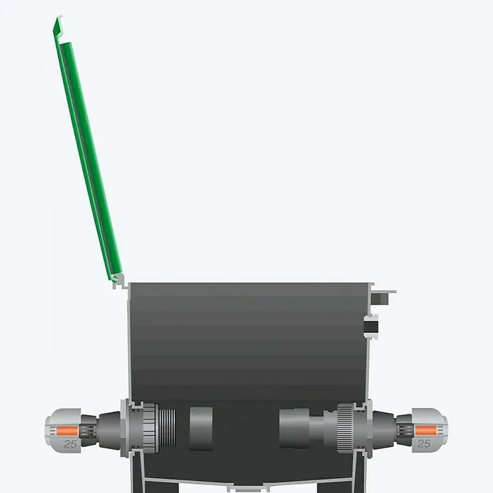 Gardena Sprinklersystem Verbinder - Durchmesser: 25 mm, Größe Anschluss: 1″ (Außengewinde) - Illustration einer grauen Verteilerdose mit geöffnetem grünem Deckel und zwei orangefarbenen Anschlüssen.