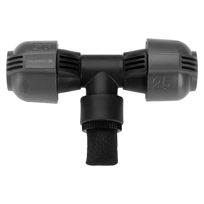 Gardena Sprinklersystem T-Stück - 25 mm, ¾″ (Innengewinde) - Gardena T-Stück 25 mm mit Filter. Das T-Stück dient zur Verbindung von 25-mm-Rohren in Bewässerungssystemen und verfügt über einen Filter.