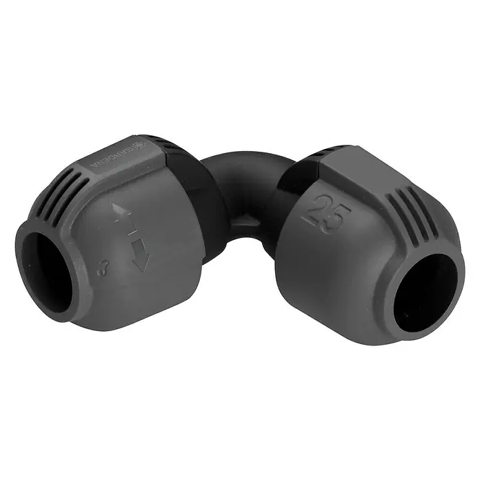 Gardena Sprinklersystem L-Stück - Durchmesser: 25 mm - Ein graues Gardena-Winkelstück 25 mm zur Verbindung von zwei Bewässerungsrohren im Garten, dargestellt vor neutralem Hintergrund.