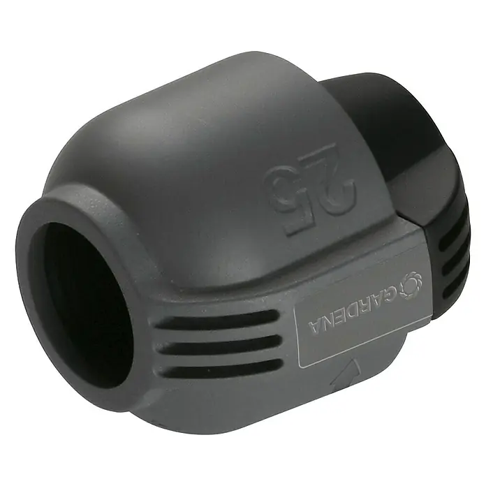 Gardena Sprinklersystem Endstück - Durchmesser: 25 mm - Nahaufnahme des Gardena-Wasserhahnschlauchs "25" mit dem Gardena-Logo, ein unverzichtbares Gartenzubehör.