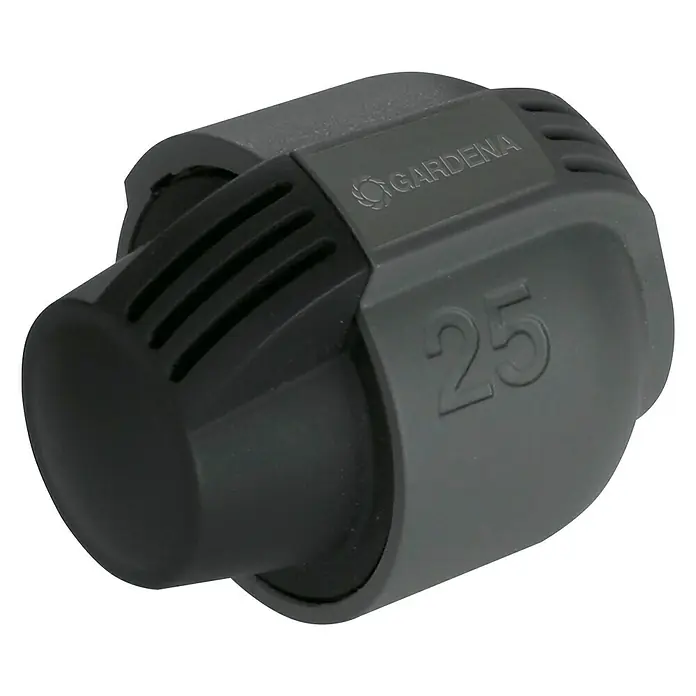 Gardena Sprinklersystem Endstück - Durchmesser: 25 mm - Nahaufnahme eines Gardena-Schlauchendstücks 25, ideal für zuverlässige Bewässerung. Kompatibel und einfach zu installieren für Ihren Garten.