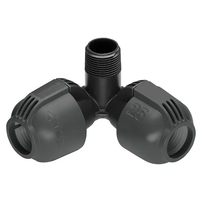 Gardena Sprinklersystem Winkelstück - Durchmesser: 25 mm, Größe Anschluss: ¾″ - Gardena Micro-Drip-System Verteilerrohr-Verbinder mit 3 Anschlüssen für eine effiziente Bewässerung im Garten.