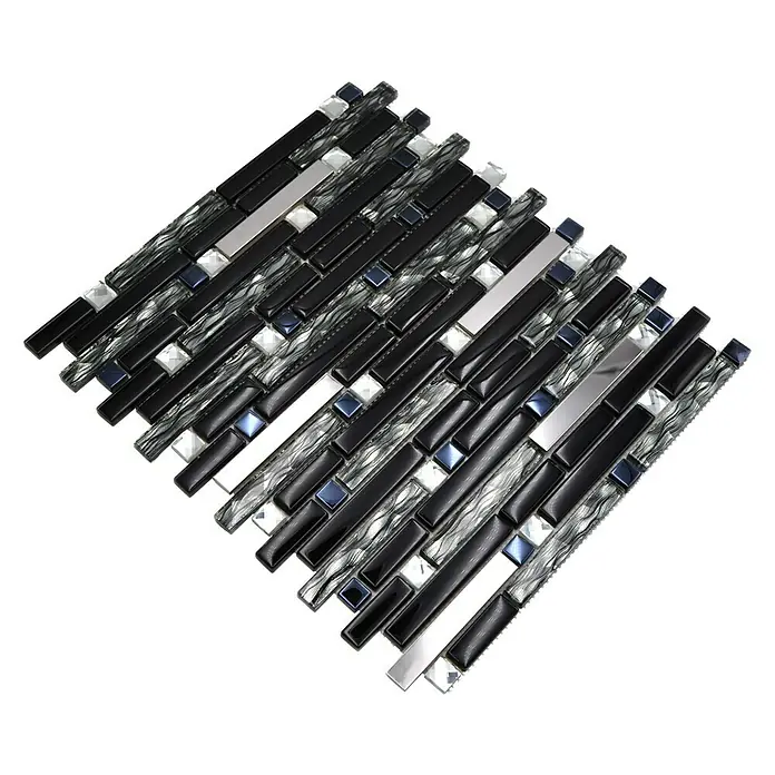 Mosaikfliese Crystal Mix - 29,8 x 33,8 cm, Schwarz, Glänzend - Elegantes Mosaikfliesenmuster in Schwarz-, Silber- und Blautönen. Das Mosaikdesign verleiht jedem Raum einen Hauch von moderner Eleganz.