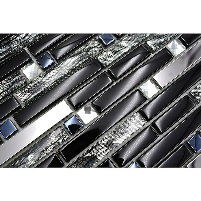 Mosaikfliese Crystal Mix - 29,8 x 33,8 cm, Schwarz, Glänzend - Nahaufnahme eines Mosaiks mit schwarzen, silbernen und blauen Glasfliesen, die ein modernes und stilvolles Muster bilden. Perfekt für Akzentwände.