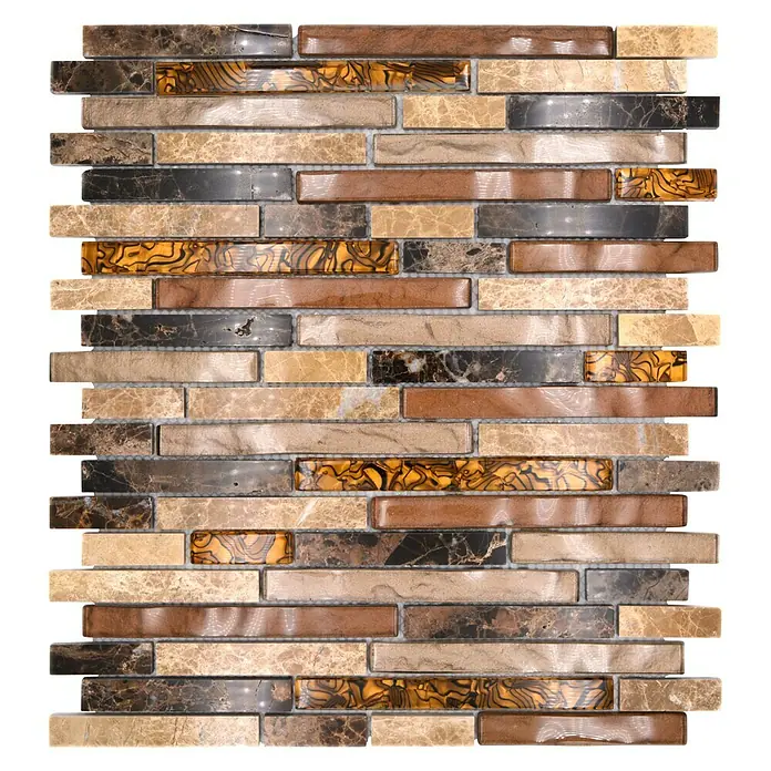 Mosaikfliese Verbund Crystal Mix - 29,8 x 33,8 cm, Beige/Braun, Glänzend - Rechteckige Mosaikfliesen in verschiedenen Braun- und Beigetönen mit dekorativen Mustern für Wand- oder Bodenbeläge.