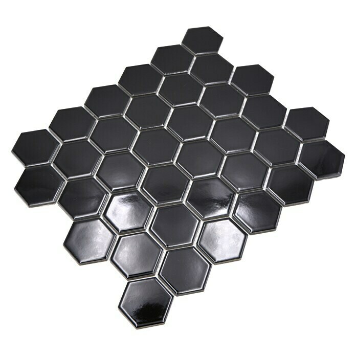 Mosaikfliese Hexagon Uni HX 090 (32,5 x 28,1 cm, Schwarz, Glänzend)