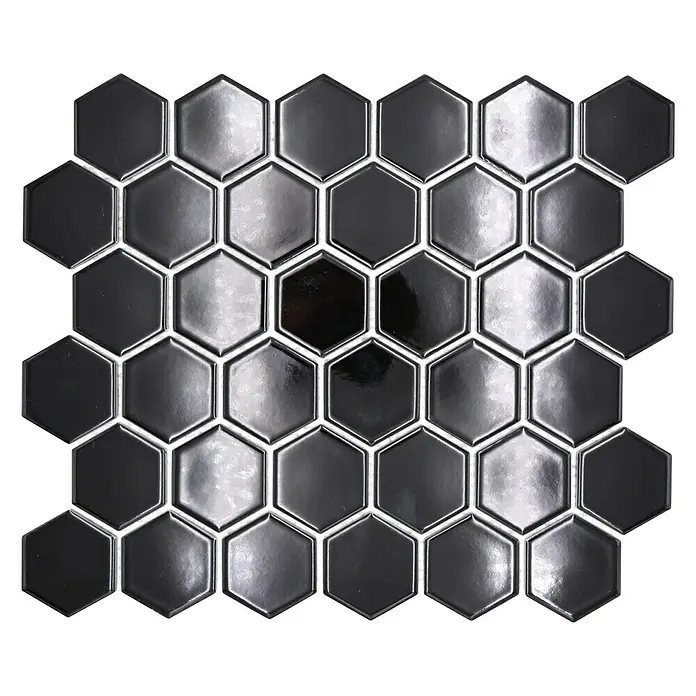 Mosaikfliese Hexagon Uni HX 090 - 32,5 x 28,1 cm, Schwarz, Glänzend - Schwarz-silberne, glänzende sechseckige Fliesenmosaikmatte, ideal für stilvolle Wand- und Bodengestaltung in jedem Raum.