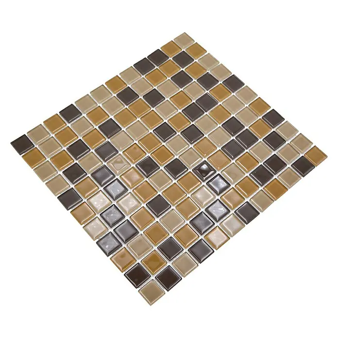 Mosaikfliese Quadrat Crystal Mix CM 4555 - 32,7 x 30,2 cm, Braun/Orange/Beige, Glänzend - Quadratisches Mosaikfliesenmuster in Braun-, Beige- und Grautönen, ideal für stilvolle Wand- und Bodengestaltung.