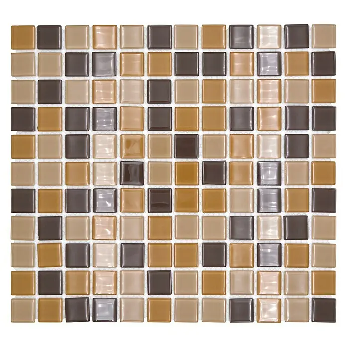 Mosaikfliese Quadrat Crystal Mix CM 4555 - 32,7 x 30,2 cm, Braun/Orange/Beige, Glänzend - Braune und beige Mosaikfliesen mit quadratischem Muster, ideal für Badezimmer oder Küchen.