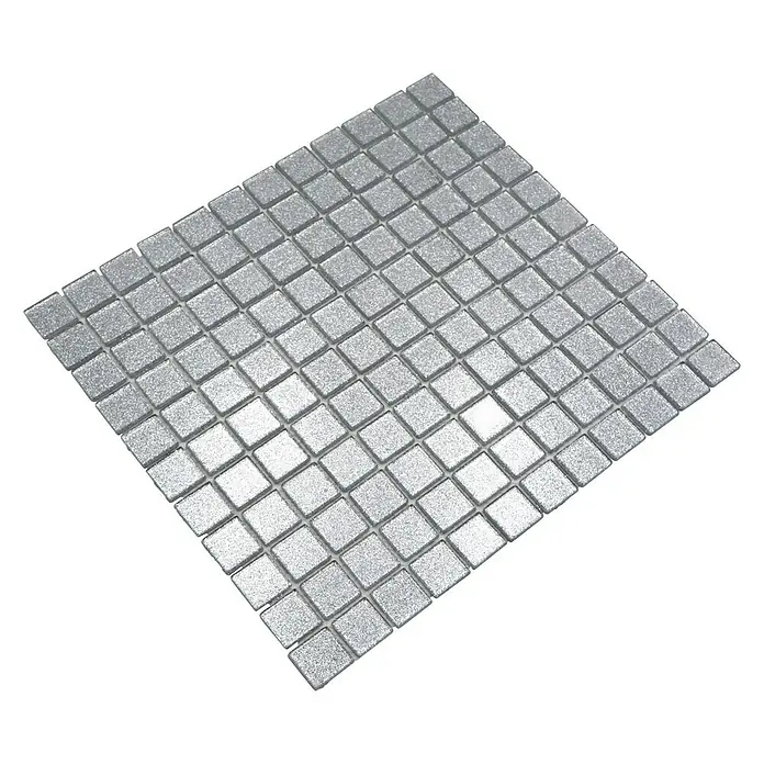 Mosaikfliese Quadrat Crystal CM 4SB6 - 32,7 x 30,2 cm, Silber, Glänzend - Quadratisches Mosaikfliesen-Blatt in Silber mit kleinen quadratischen Fliesen für stilvolle Oberflächen und individuelle Designs.