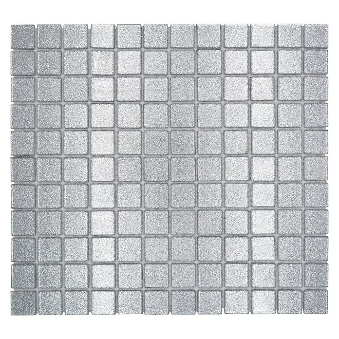 Mosaikfliese Quadrat Crystal CM 4SB6 - 32,7 x 30,2 cm, Silber, Glänzend - Silbernes Mosaikfliesenmuster mit kleinen quadratischen Fliesen und grauen Fugenlinien auf schwarzem Hintergrund.