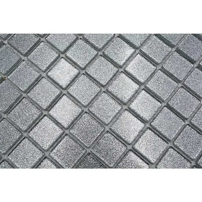 Mosaikfliese Quadrat Crystal CM 4SB6 - 32,7 x 30,2 cm, Silber, Glänzend - Nahaufnahme eines silbernen Mosaiks mit quadratischen Fliesen und glitzernder Oberfläche für Badezimmer- oder Küchendekoration.
