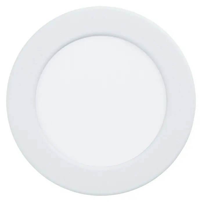 Eglo Fueva 5 LED-Einbauspot - 5,5 W, Warmweiß, Weiß, Ø x H: 11,7 x 2,6 cm - Eine Nahaufnahme einer runden, versenkten LED-Deckenleuchte mit einem weißen Diffusor und einem strukturierten Rahmen. Für moderne Innenräume.