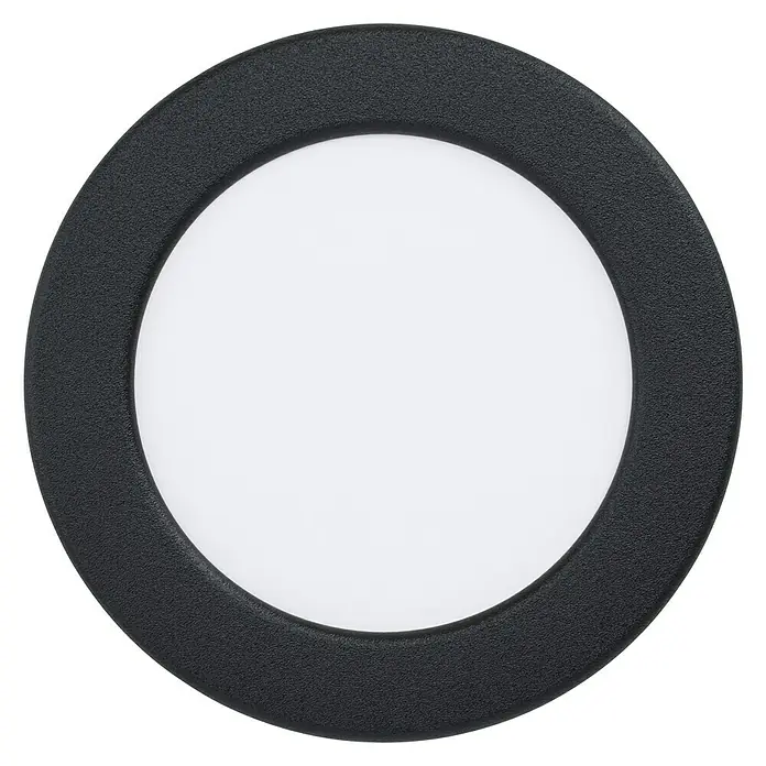 Eglo Fueva 5 LED-Einbauspot - 5,5 W, Warmweiß, Schwarz, Ø x H: 11,7 x 2,6 cm - Nahaufnahme einer runden LED-Deckenleuchte mit schwarzem Rahmen und weißem Diffusor, ideal für moderne Innenräume.