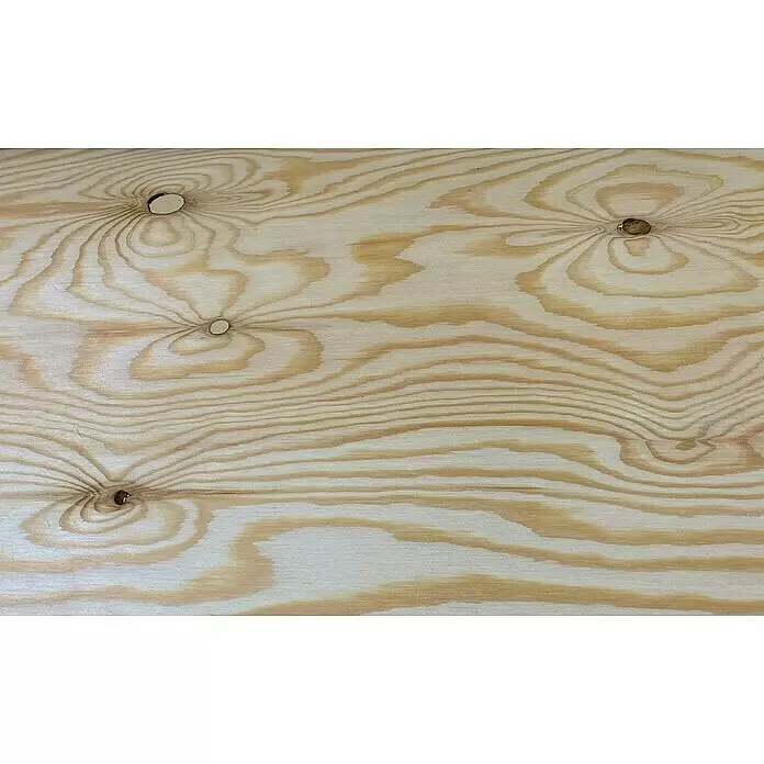 Sperrholzplatte Fixmaß - Kiefer, 1.250 x 620 x 12 mm - Helle Sperrholzplatte mit deutlicher Holzmaserung und mehreren dunklen Ästen.