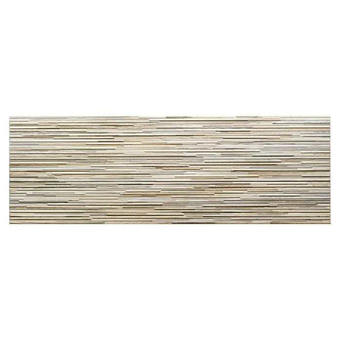 Wandfliese Layers Dekor - 30 x 90 cm, Beige, Matt - Ein horizontales Wandpaneel aus Holzimitat mit schmalen, unterschiedlich langen Streifen in verschiedenen Beige- und Grautönen.