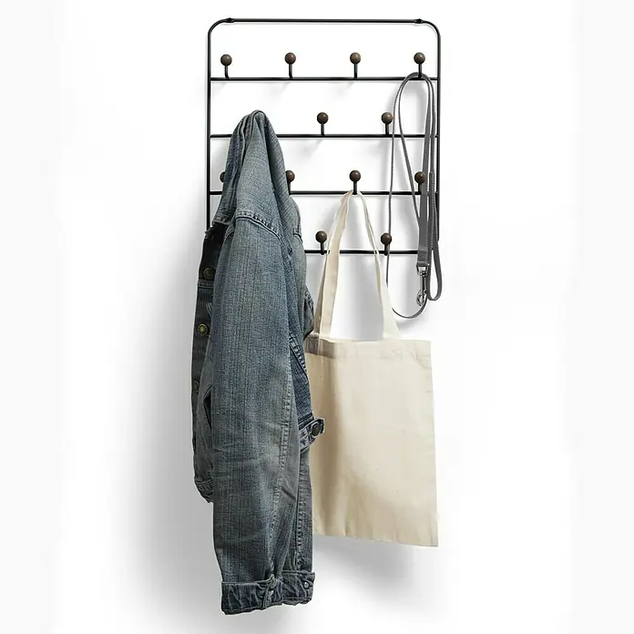 Umbra Garderobenhaken Estique - L x B x H: 8,9 x 36,2 x 60,3 cm, Anzahl Haken: 14 Stk., Schwarz - Kleiderständer mit Jacke, Tasche und Leine, ideal für die Organisation von Kleidung und Accessoires.