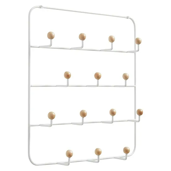 Umbra Garderobenhaken Estique - L x B x H: 8,9 x 36,2 x 60,3 cm, Anzahl Haken: 14 Stk., Weiß - Weiße Wandgarderobe mit vier Reihen und je vier runden Holzhaken zum Aufhängen von Jacken, Hüten und anderen Accessoires.