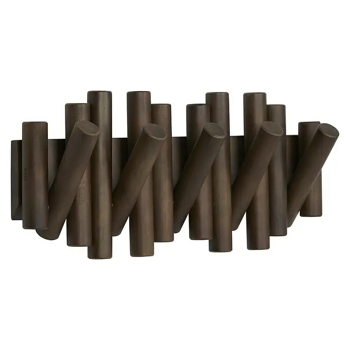 Umbra Garderobenleiste Picket - L x B x H: 4 mm x 37,8 cm x 16,8 cm, Walnuss - Moderne Wandgarderobe mit beweglichen Holzstäben in verschiedenen Höhen als dekoratives und funktionales Wohnaccessoire.