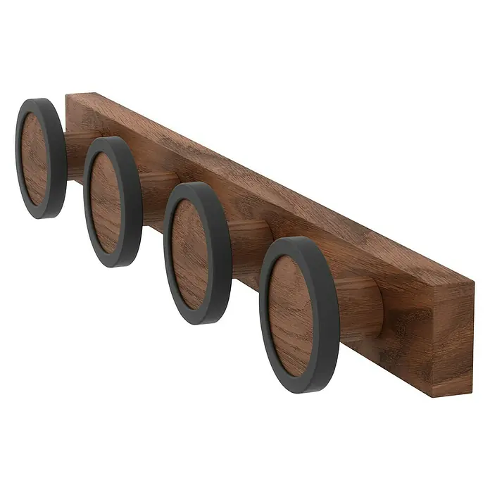 Umbra Garderobenleiste Hub - L x B x H: 5,4 x 49,5 x 7 cm, Anzahl Haken: 4 Stk., Schwarz, Walnuss - Eine moderne Garderobe mit vier kreisförmigen Haken aus Holz und grauen Akzenten, die Funktionalität und Stil vereint.