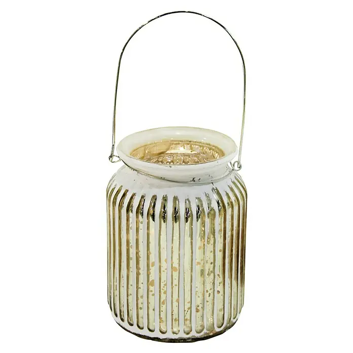 Windlicht - Ø x H: 11 x 14 cm, Gold/Weiß - Dekoratives Windlicht mit Henkel. Das Glas hat eine gerippte Struktur und eine goldene Beschichtung, die ein warmes Licht erzeugt.
