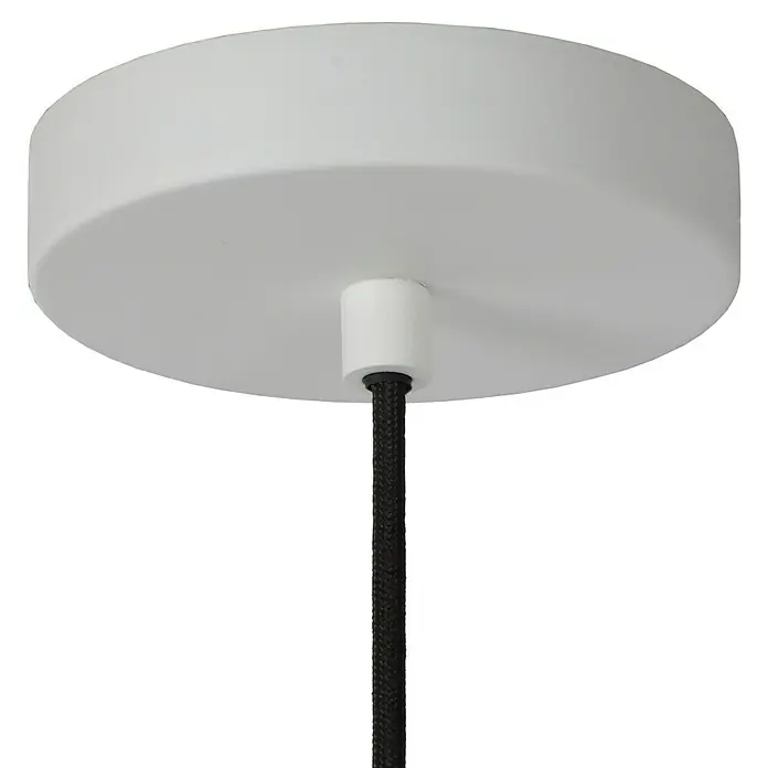 Lucide Devon LED-Pendelleuchte - Höhe: 65 cm, Weiß - Nahaufnahme einer weißen Deckenhalterung mit einem eleganten schwarzen Kabel, das von der Mitte herabhängt. Die minimalistische Ästhetik unterstreicht das Design.