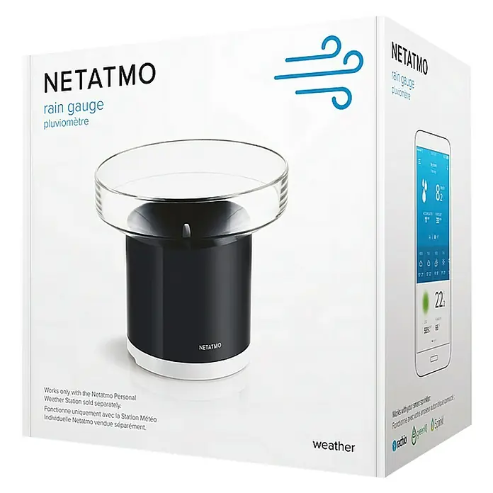 Netatmo Pluviómetro - Funciona con pilas, Diámetro: 13 cm, Negro - Embalaje del pluviómetro Netatmo, que es compatible con la estación meteorológica Netatmo.
