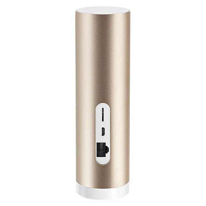Netatmo Cámara de vigilancia Welcome - Marrón, Ángulo de detección: 130 ° - Primer plano de un elegante router WiFi cilíndrico dorado y blanco con puertos. Diseño compacto, conectividad moderna enfocada.