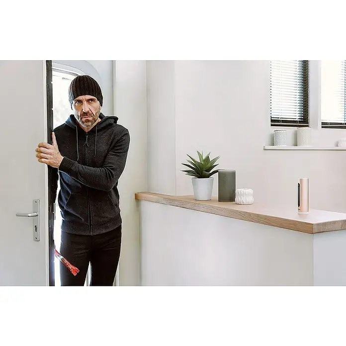 Netatmo Cámara de vigilancia Welcome - Marrón, Ángulo de detección: 130 ° - Ladrón con una palanca en una casa, un sistema de alarma inteligente Netatmo en primer plano para asegurar las casas.