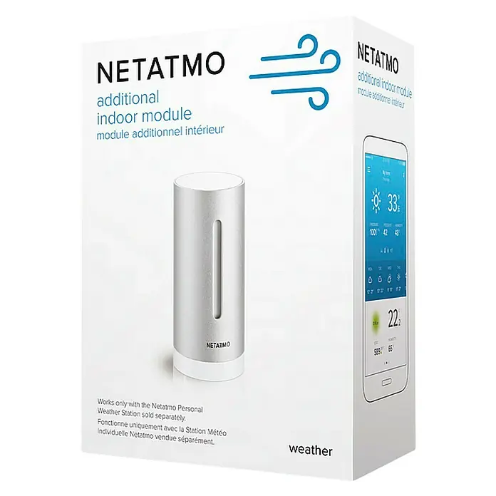 Netatmo Higrómetro módulo interior adicional - Funciona con pilas, Plateado, Ø x Al: 4,5 x 15,5 cm - Embalaje del producto del módulo interior adicional Netatmo para su uso con la estación meteorológica Netatmo.
