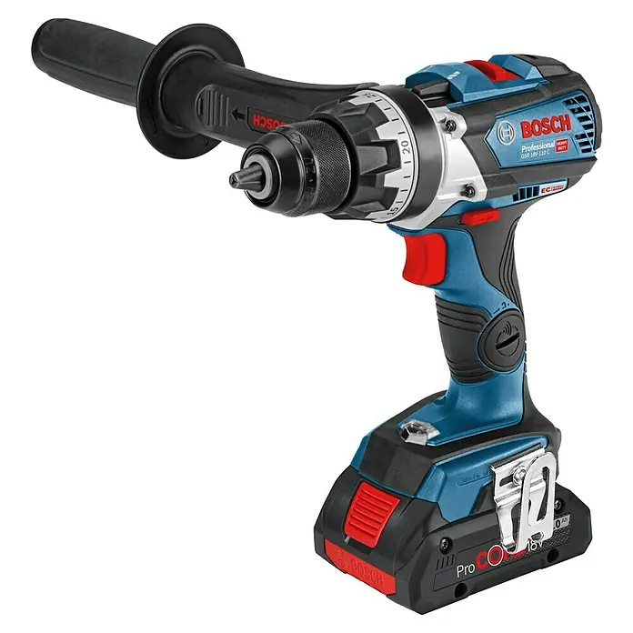 Bosch Professional AMPShare 18V Akku-Bohrschrauber GSR 18V-110 C - 18 V, 2 Akkus, 4 Ah, 110 Nm, Inkl. Koffer - Darstellung eines Bosch GSR 18V-110 C Akku-Bohrschraubers mit robustem Design und professioneller Leistung für schwere Anwendungen.